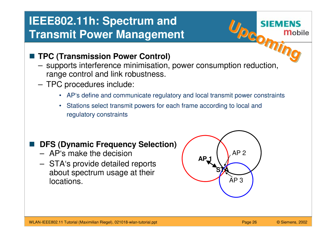 Siemens IEEE802.11h Spectrum Transmit Power Management, TPC Transmission Power Control, DFS Dynamic Frequency Selection 