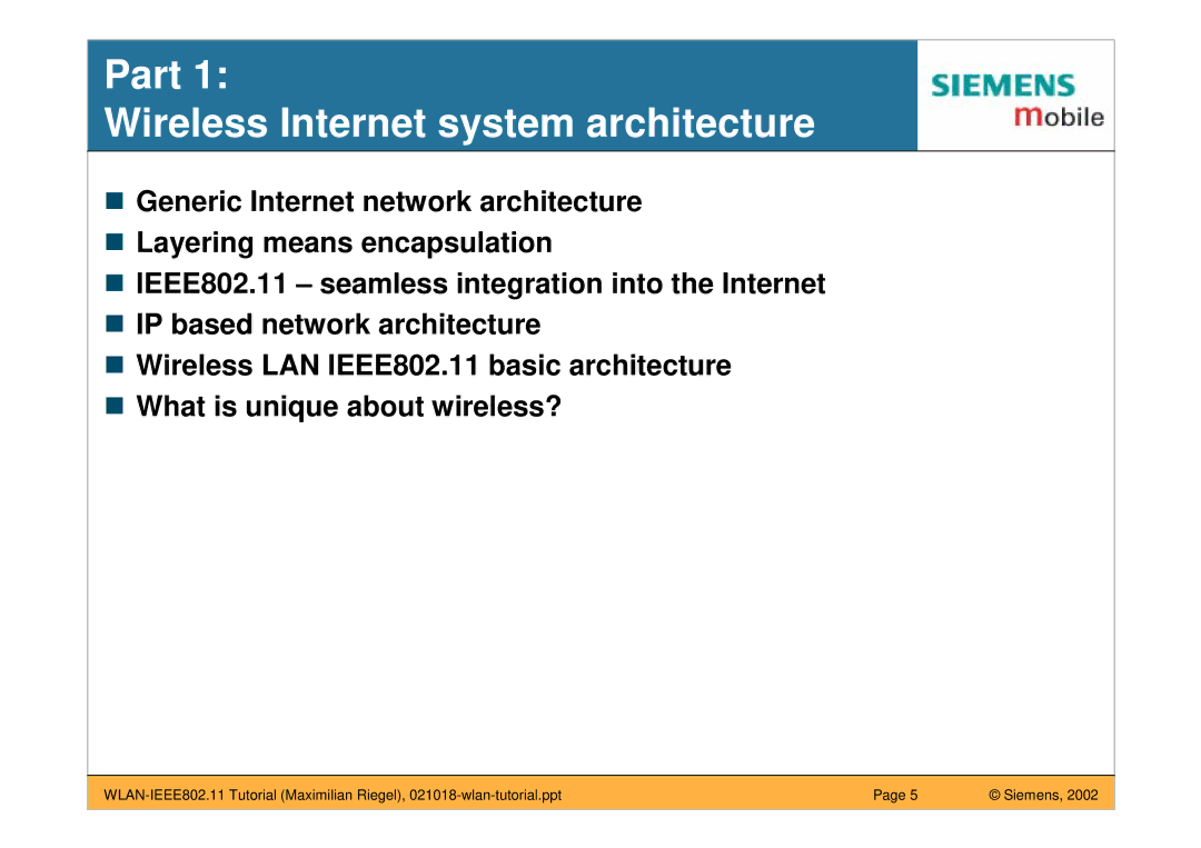 Siemens IEEE802.11 manual Part Wireless Internet system architecture 