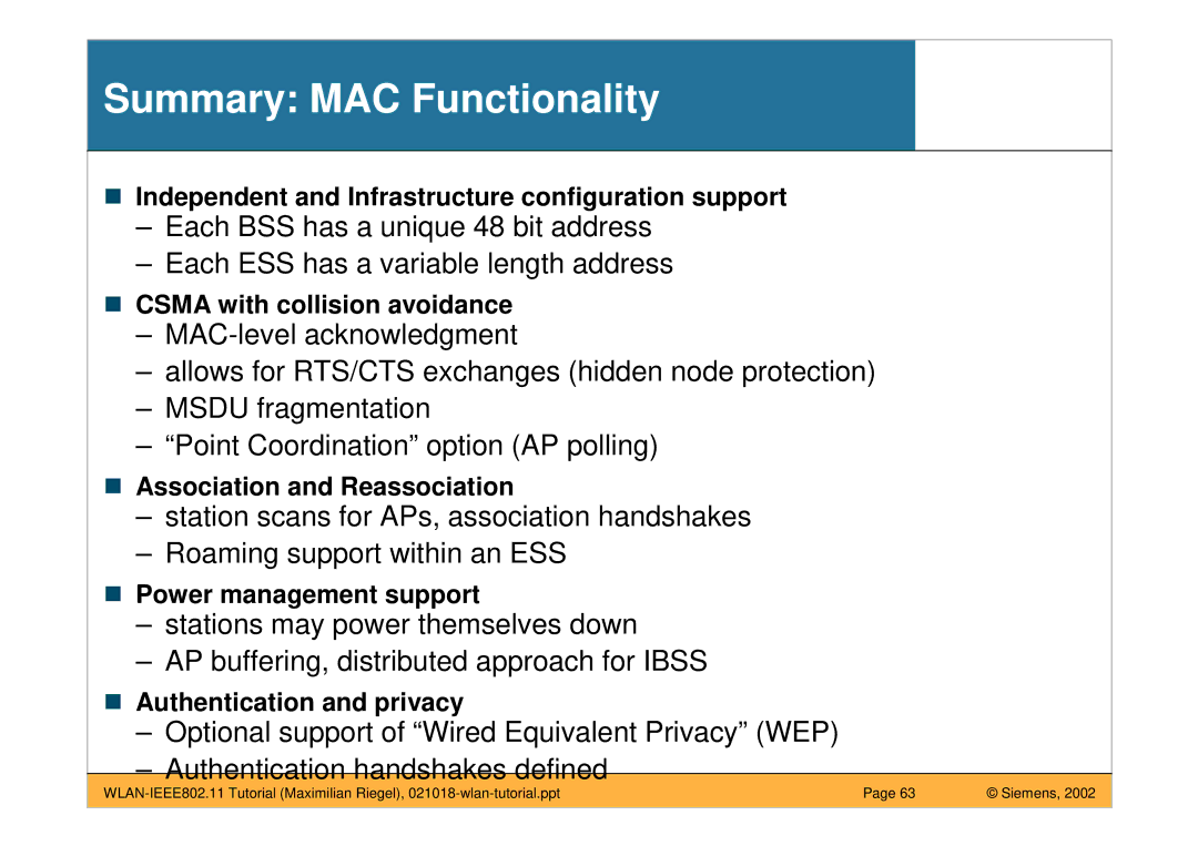 Siemens IEEE802.11 manual Summary MAC Functionality 