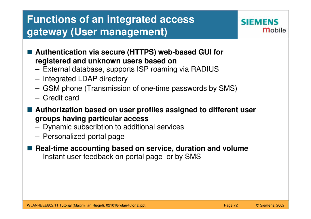 Siemens IEEE802.11 manual Functions of an integrated access gateway User management 