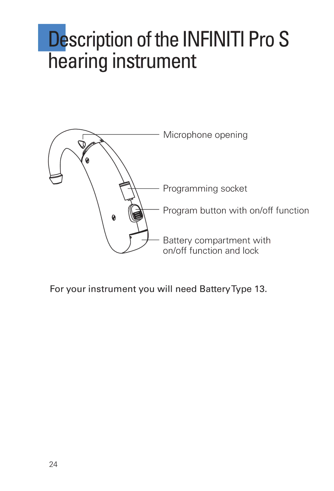 Siemens INFINITI Pro manual Description of the Infiniti Pro S hearing instrument 