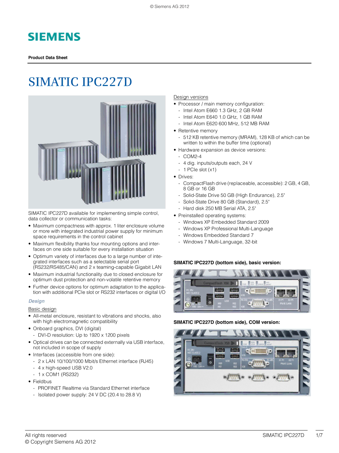 Siemens manual Simatic IPC227D, Design 