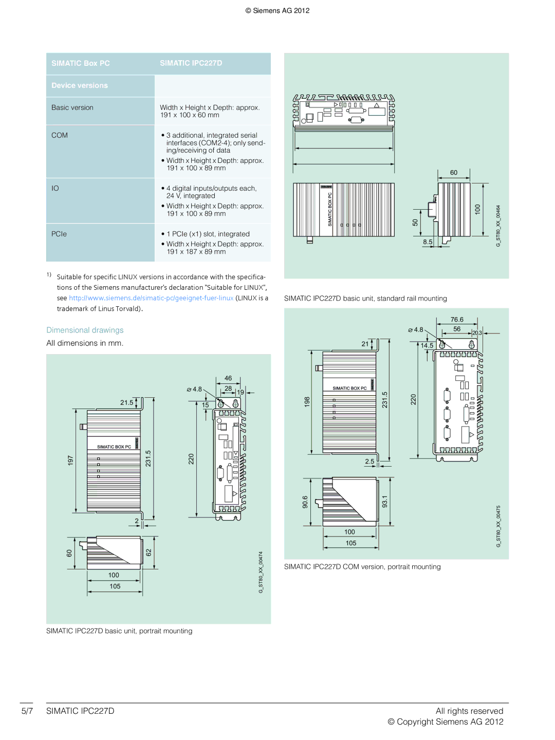 Siemens IPC227D manual Device versions, Dimensional drawings, Com 