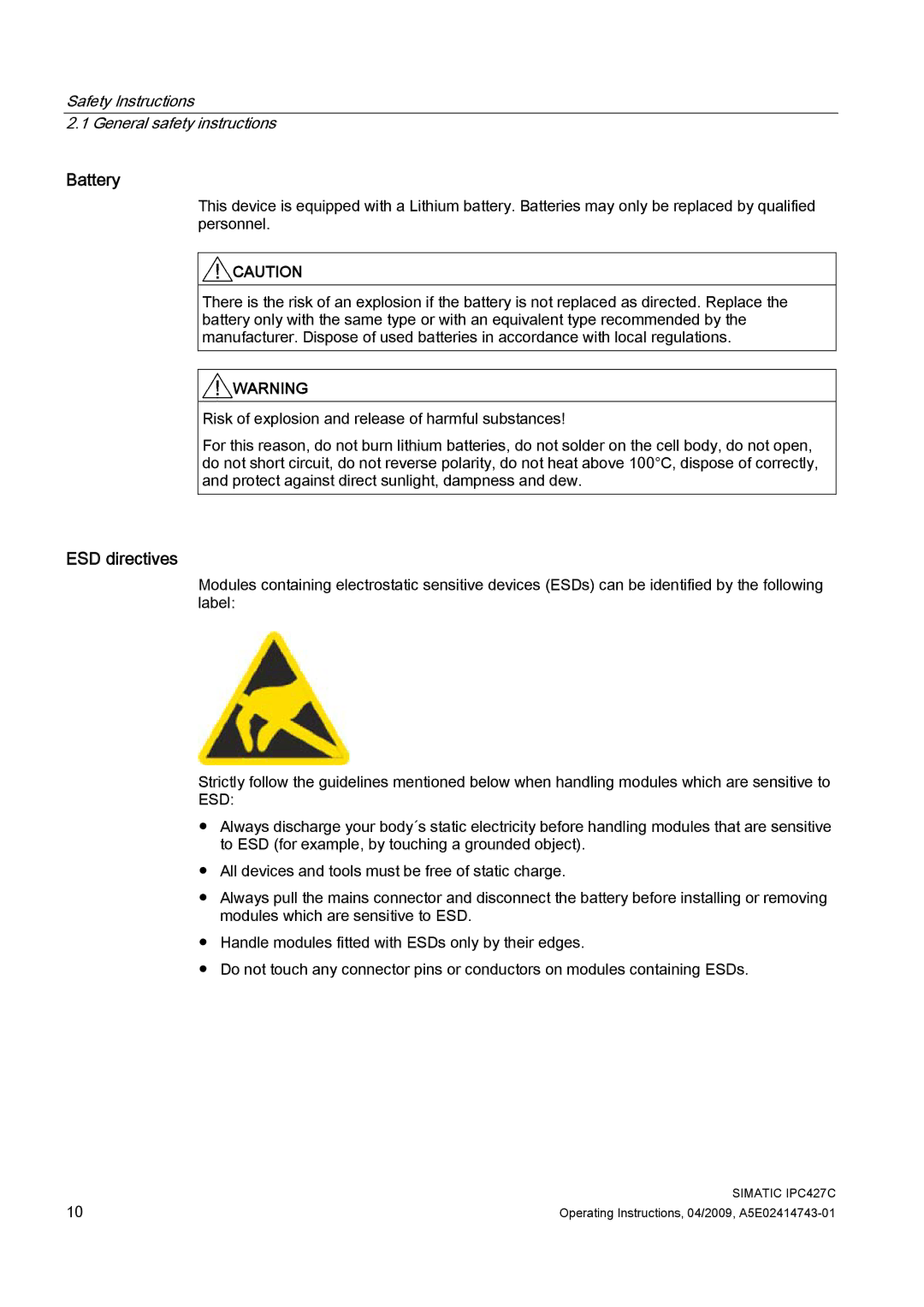 Siemens IPC427C manual Battery, ESD directives 