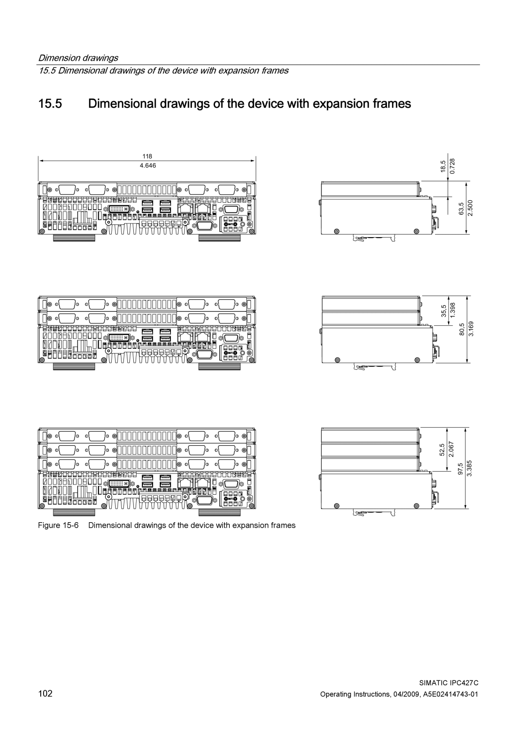 Siemens IPC427C manual Dimensional drawings of the device with expansion frames 