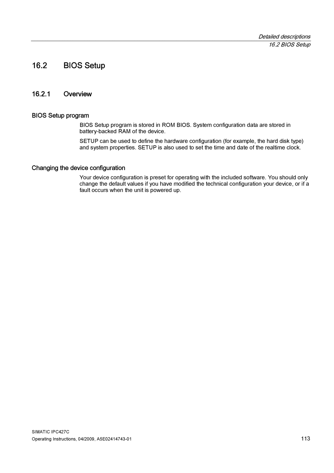 Siemens IPC427C manual Overview, Bios Setup program, Changing the device configuration 