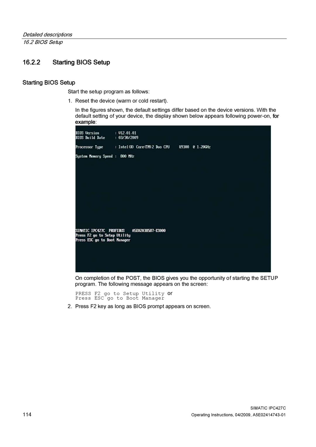 Siemens IPC427C manual Starting Bios Setup 