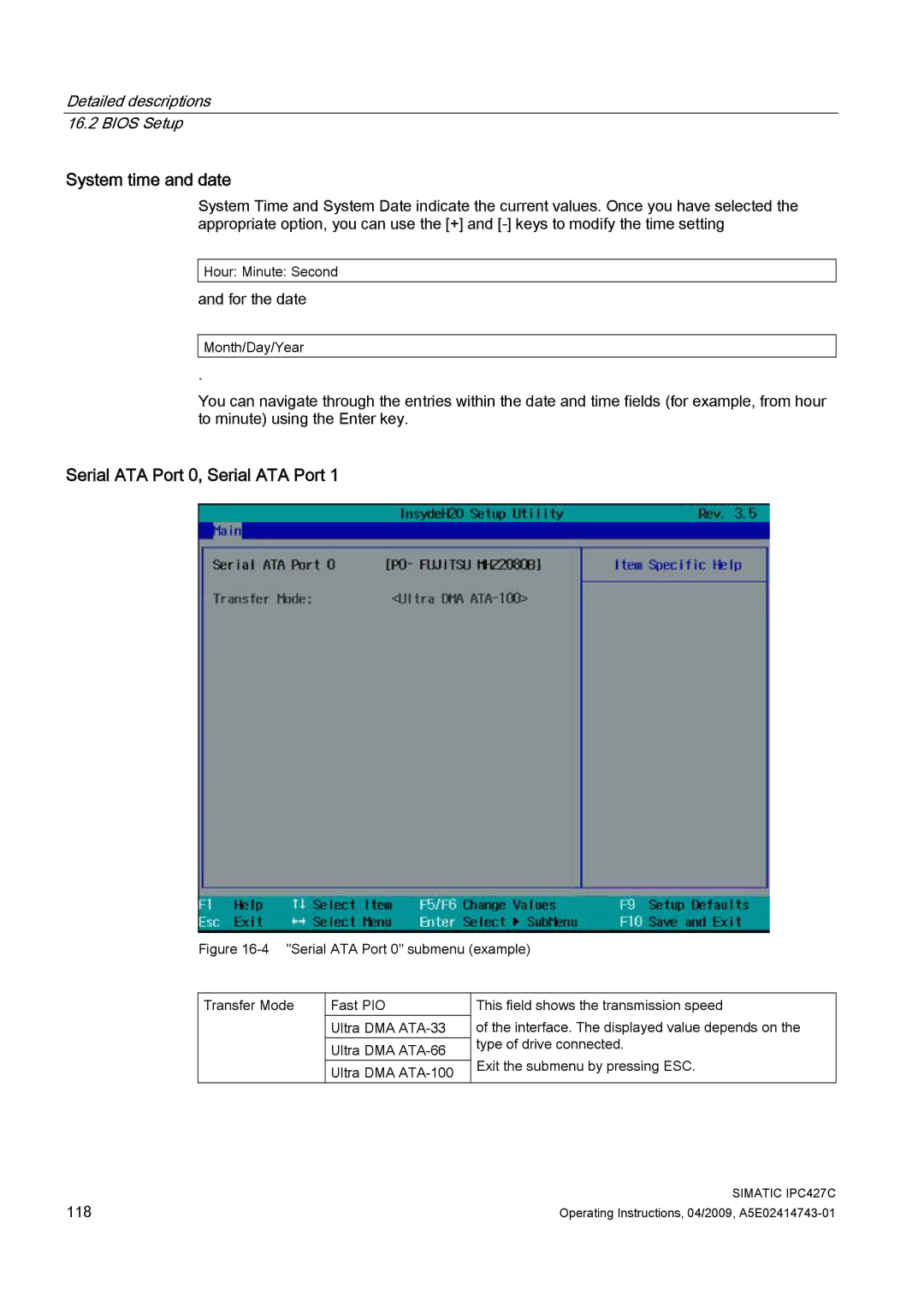 Siemens IPC427C manual System time and date, Serial ATA Port 0, Serial ATA Port 