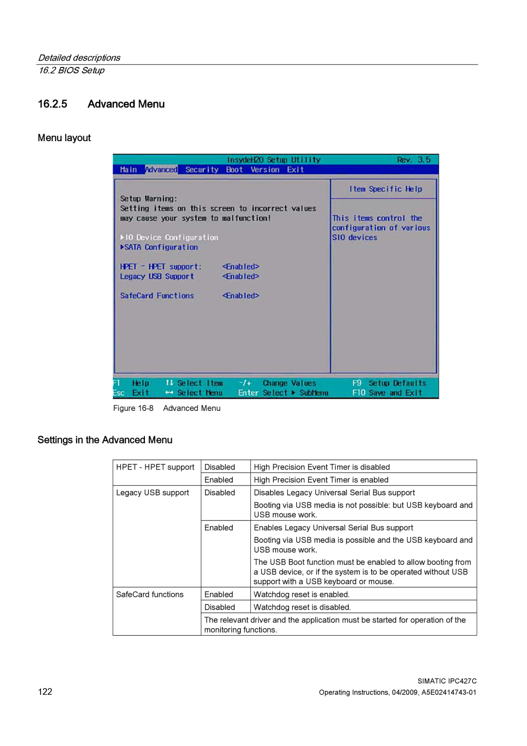 Siemens IPC427C manual Settings in the Advanced Menu 