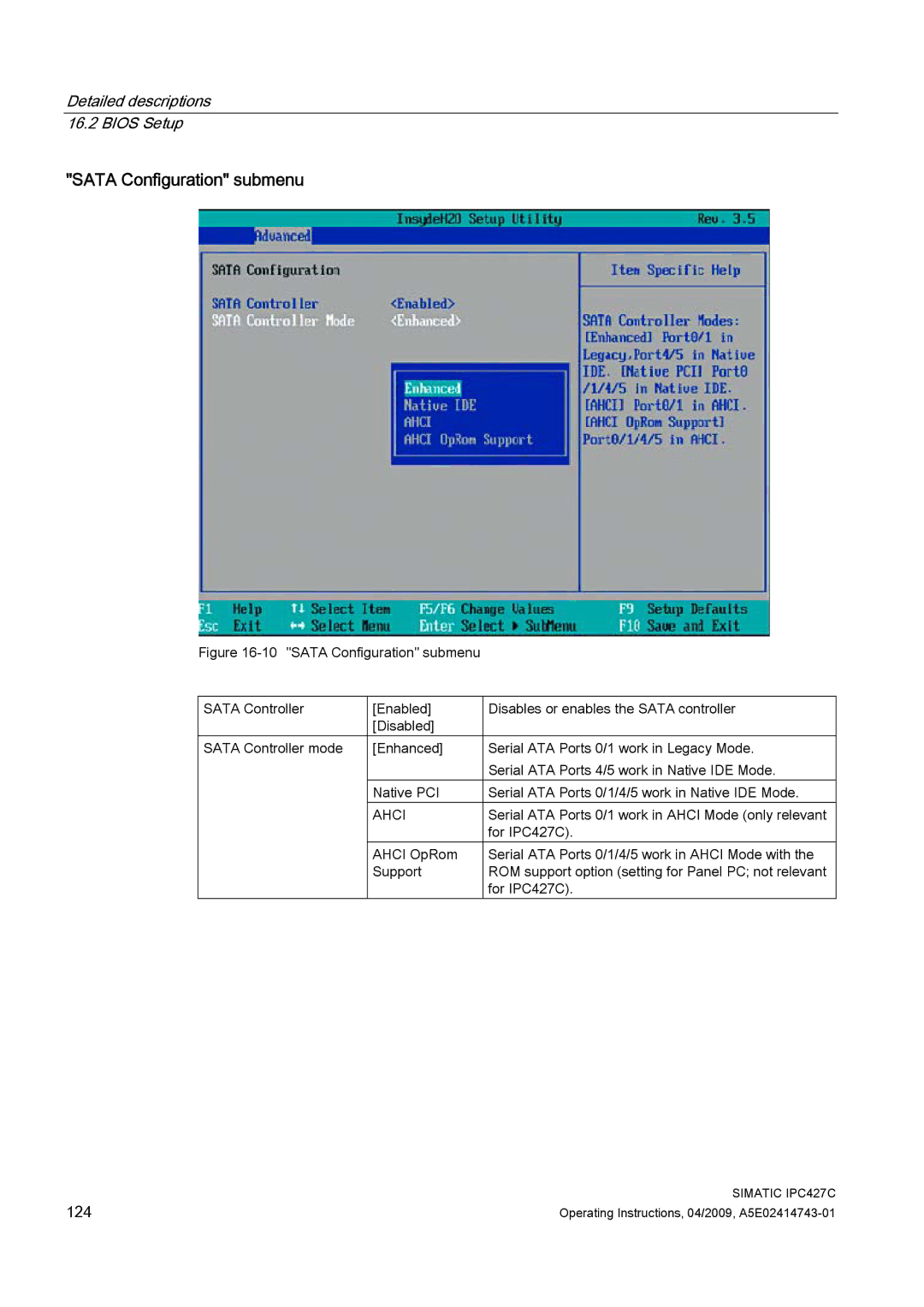 Siemens IPC427C manual Sata Configuration submenu, Ahci 