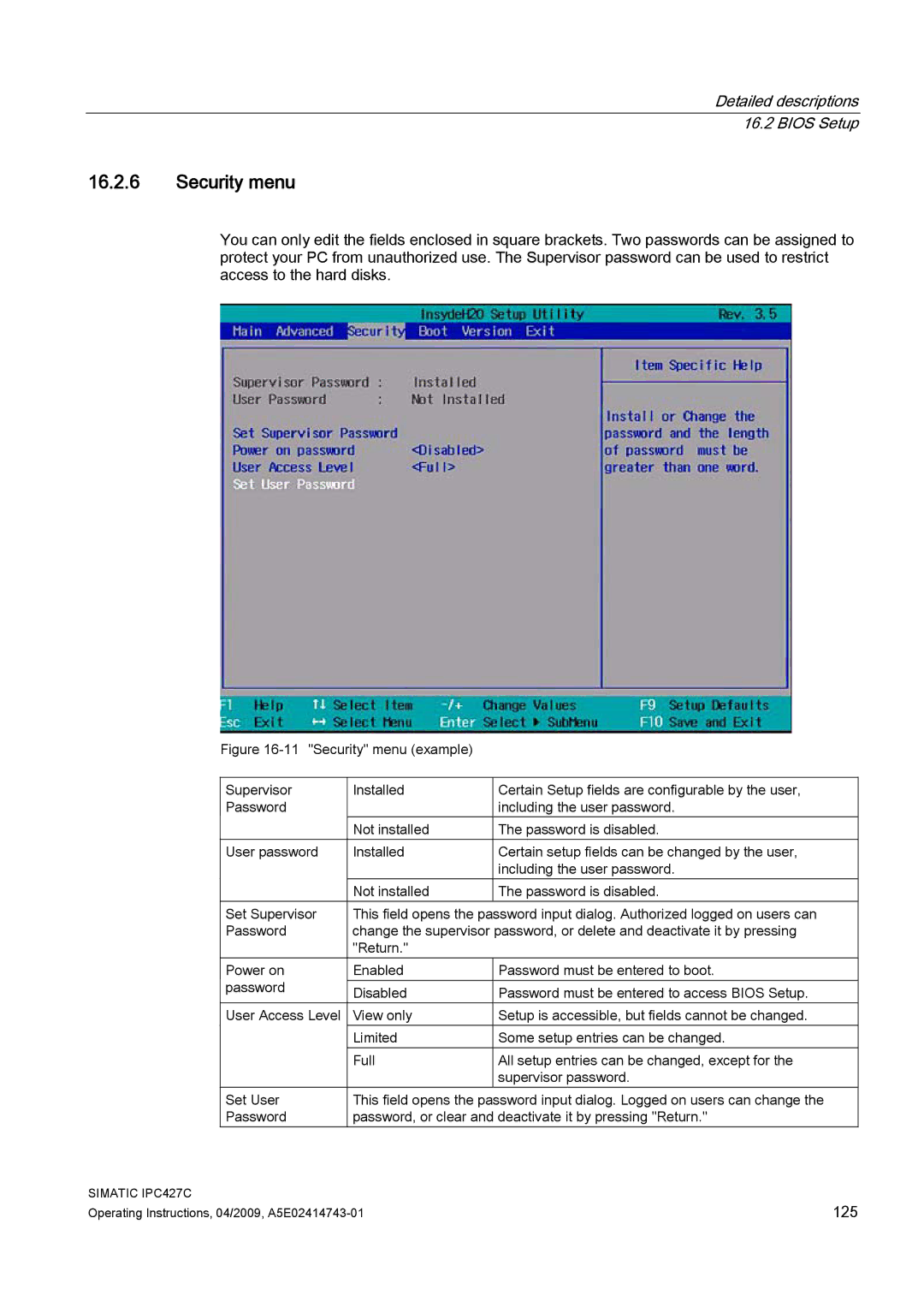 Siemens IPC427C manual Security menu 