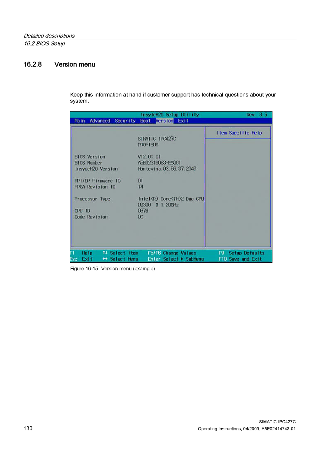 Siemens IPC427C manual Version menu example 