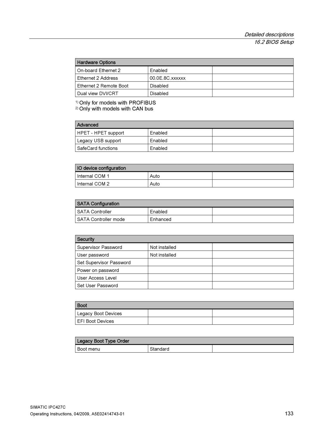 Siemens IPC427C manual Advanced, IO device configuration, Sata Configuration, Security, Legacy Boot Type Order 