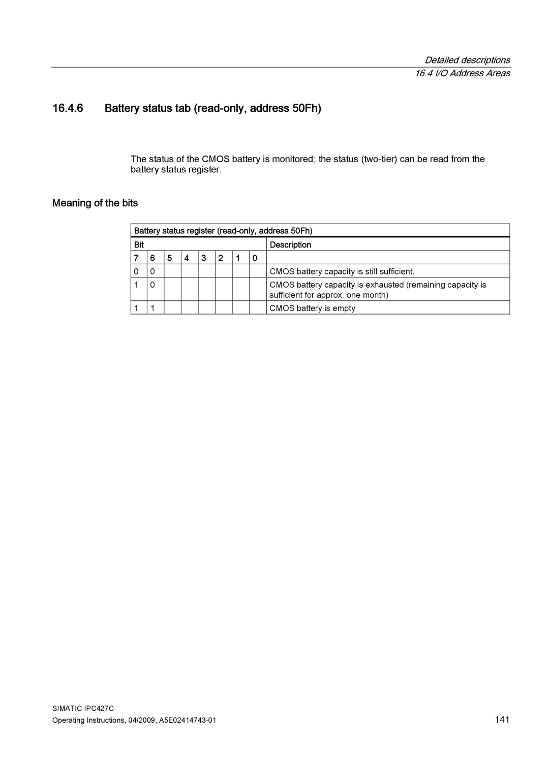 Siemens IPC427C manual Battery status tab read-only, address 50Fh 