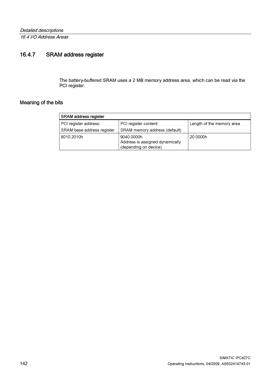 Siemens IPC427C manual Sram address register 