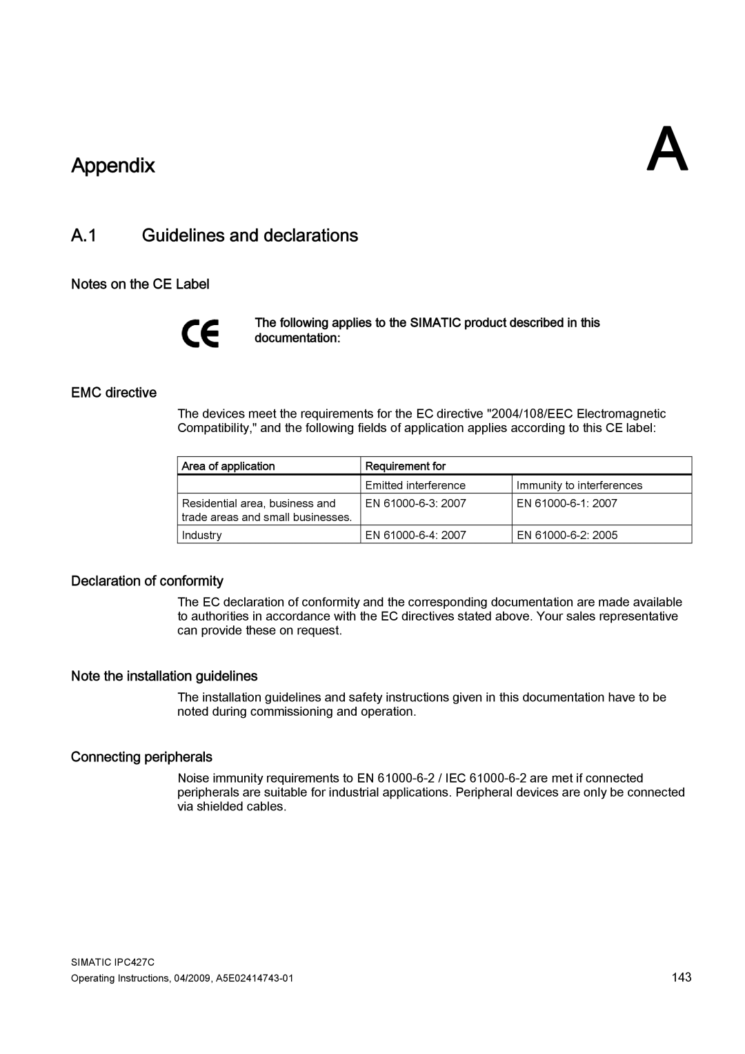 Siemens IPC427C manual Guidelines and declarations, EMC directive, Declaration of conformity, Connecting peripherals 