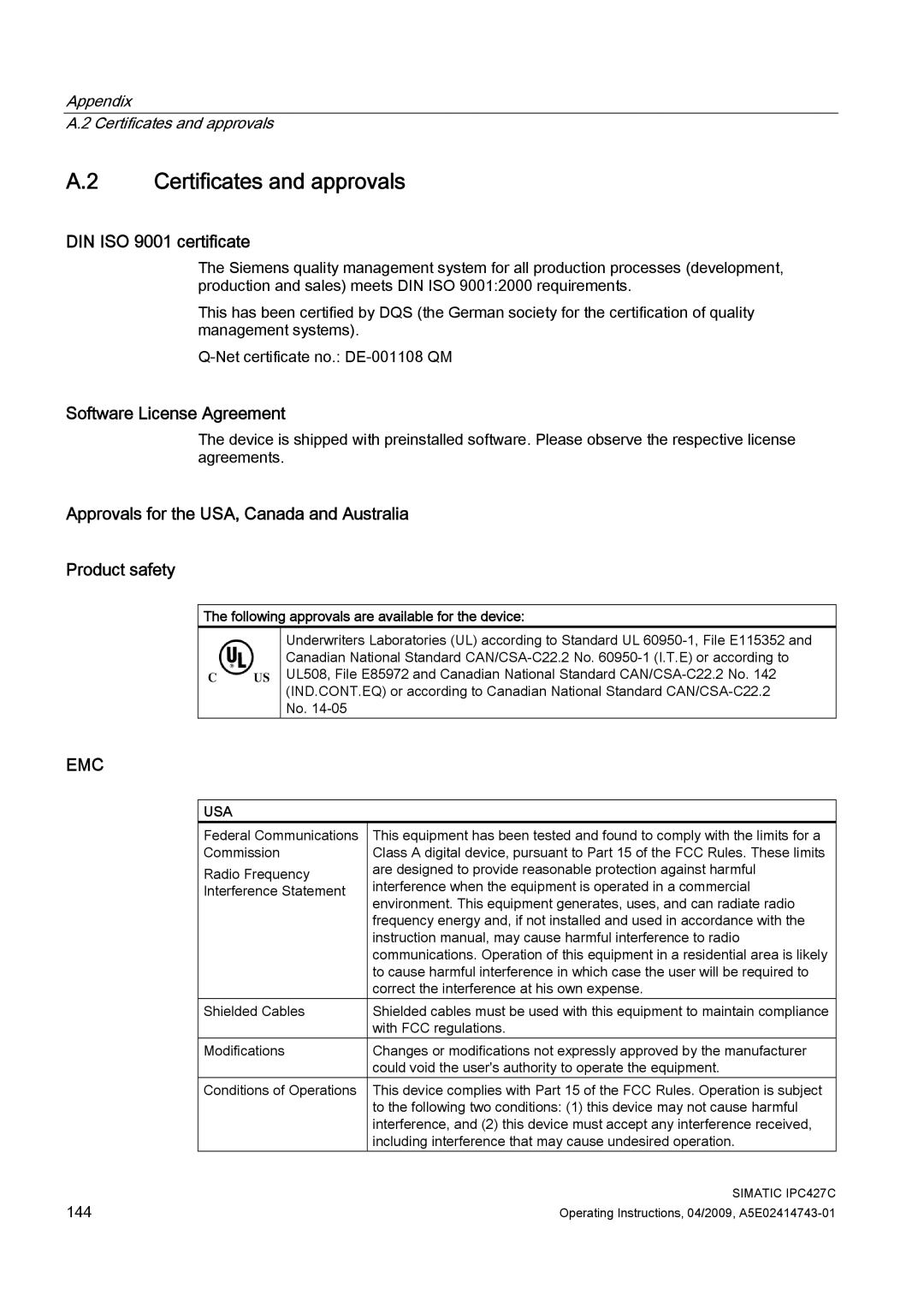 Siemens IPC427C manual Certificates and approvals, DIN ISO 9001 certificate, Software License Agreement 