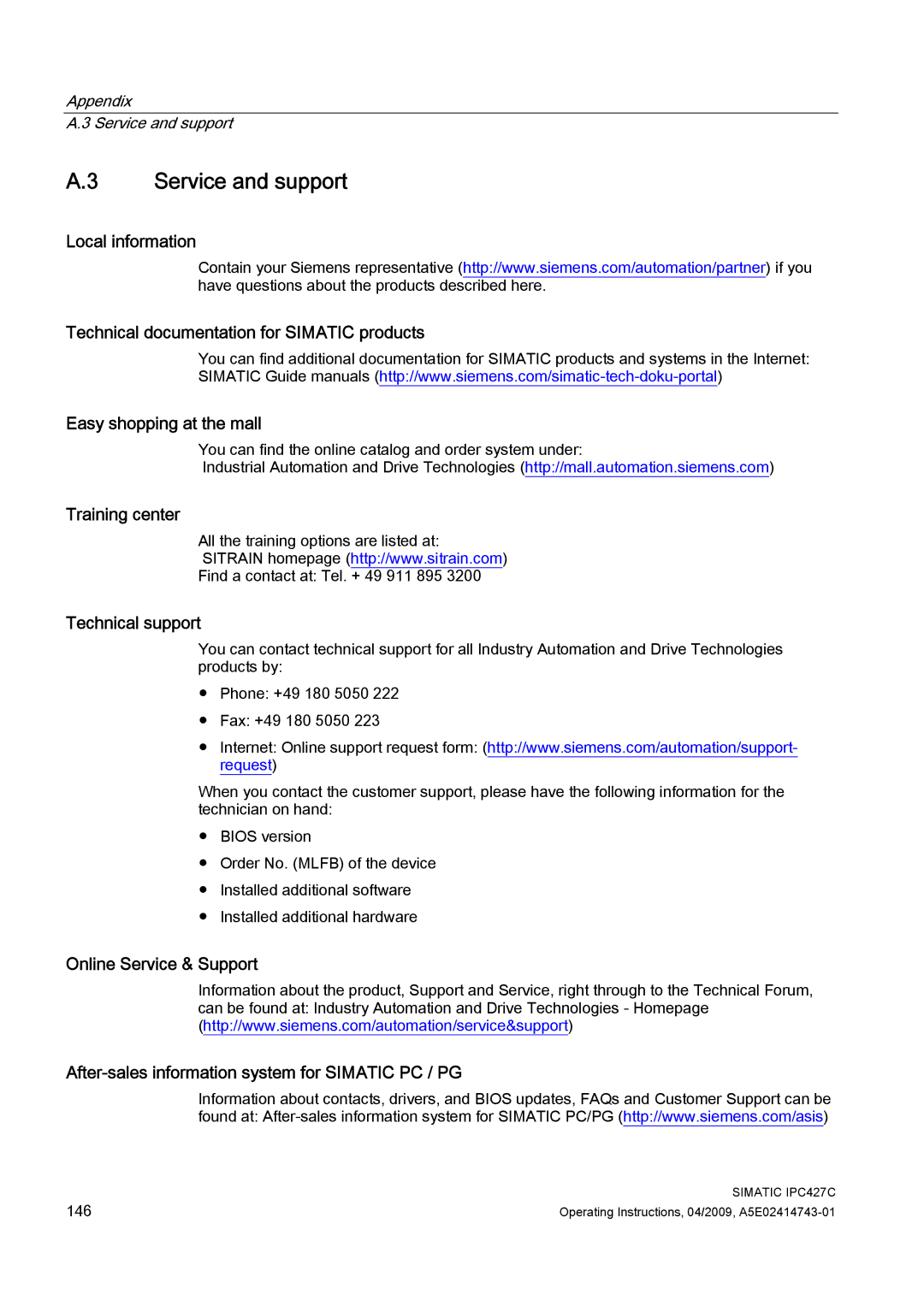 Siemens IPC427C manual Service and support, Training center, Technical support 