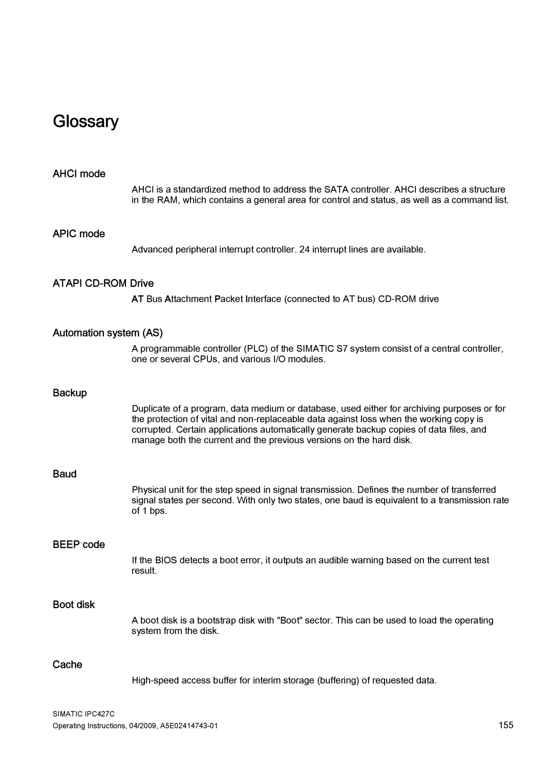 Siemens IPC427C manual Glossary 