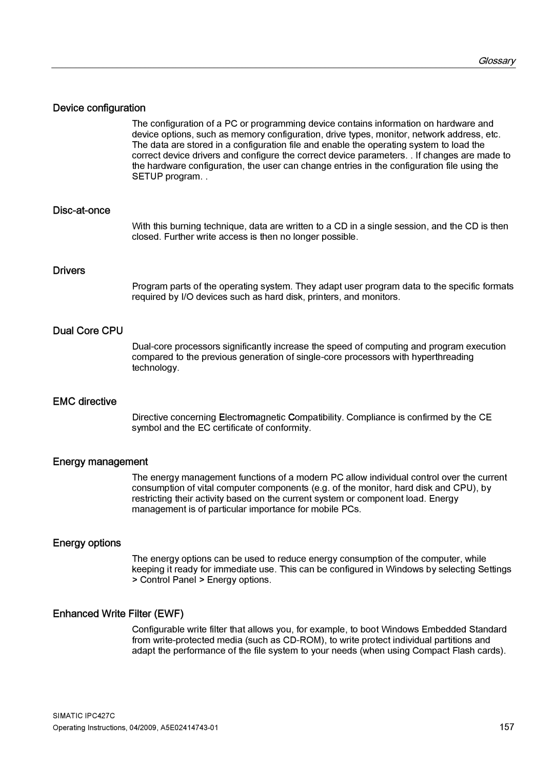 Siemens IPC427C manual Device configuration, Disc-at-once, Drivers, Dual Core CPU, Energy management, Energy options 