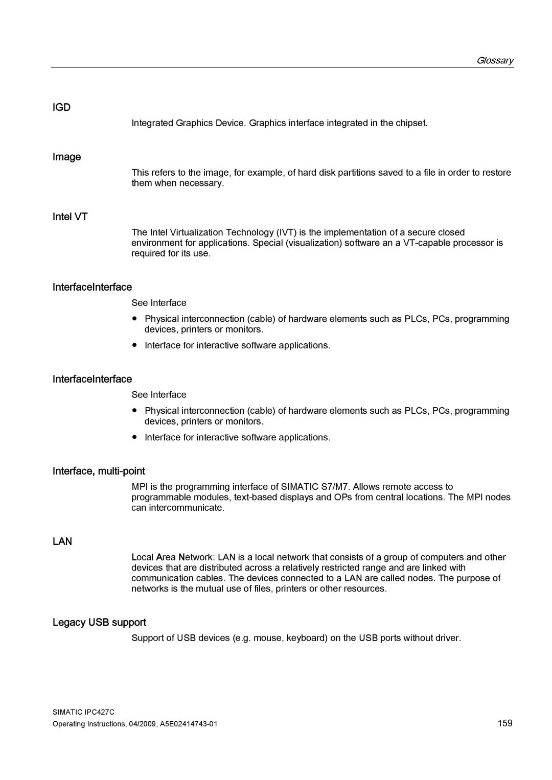 Siemens IPC427C manual Image, Intel VT, InterfaceInterface, Interface, multi-point, Legacy USB support 