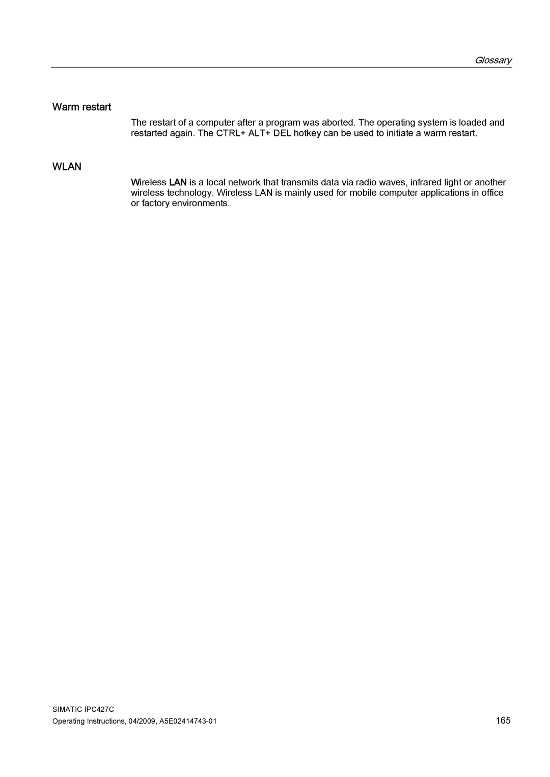 Siemens IPC427C manual Warm restart, Wlan 