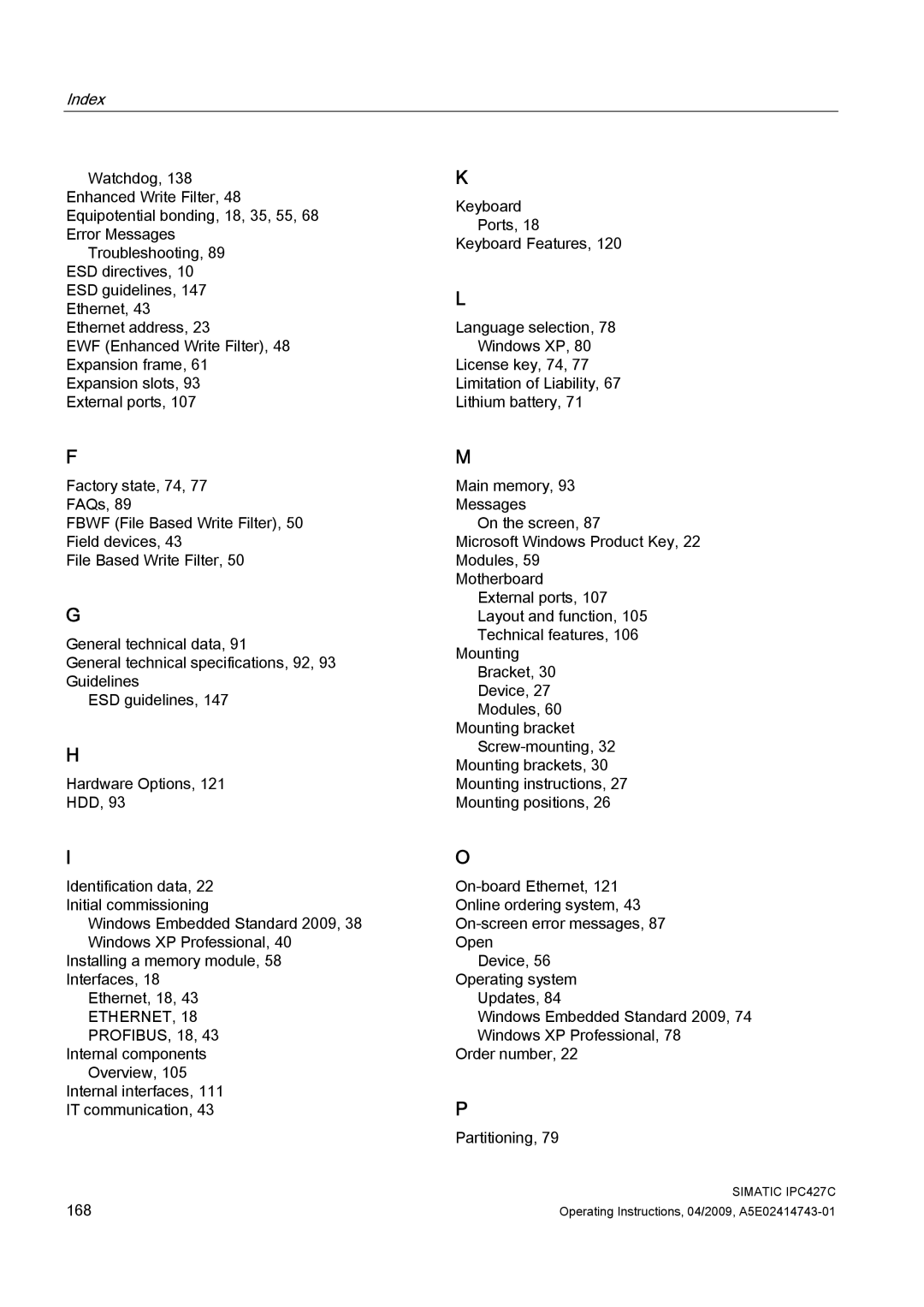 Siemens IPC427C manual Index 