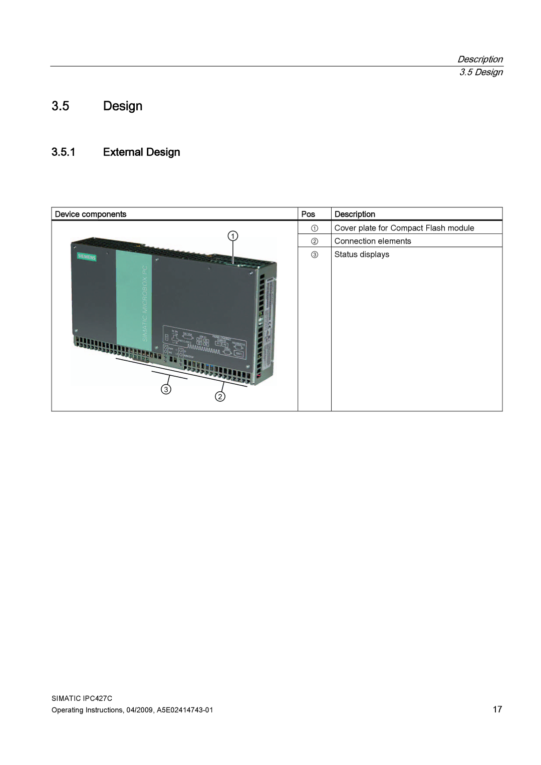 Siemens IPC427C manual External Design, Device components Pos Description 