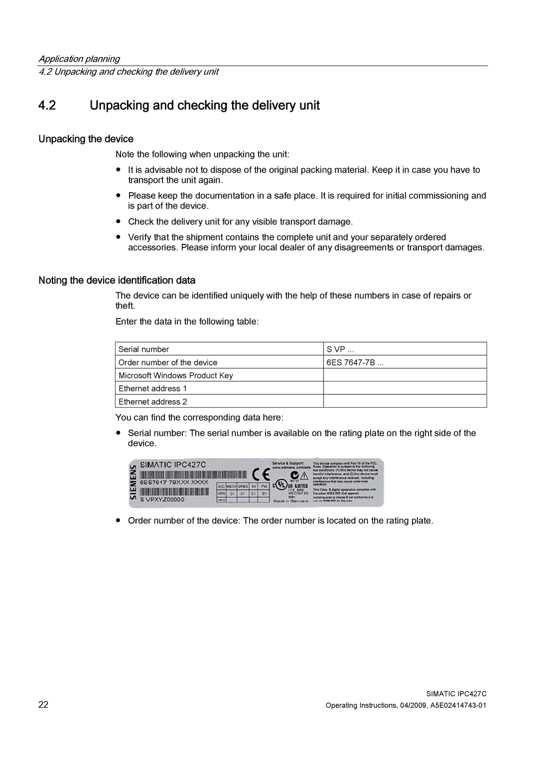 Siemens IPC427C Unpacking and checking the delivery unit, Unpacking the device, Noting the device identification data 