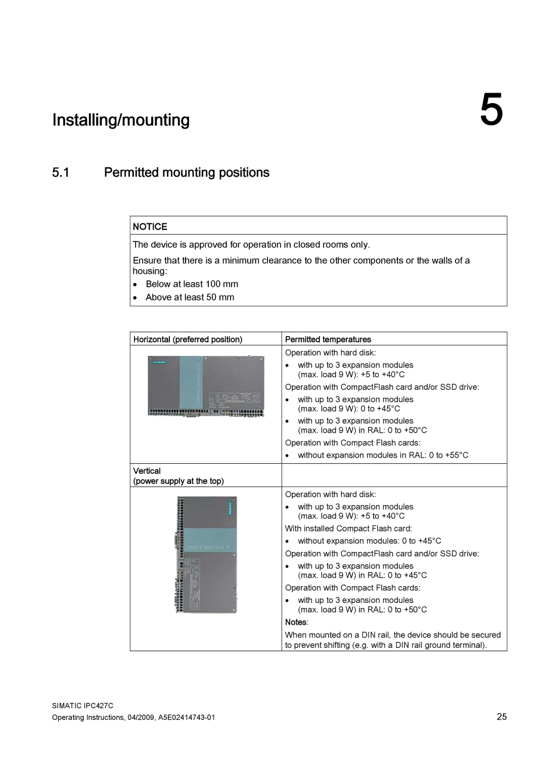 Siemens IPC427C Installing/mounting, Permitted mounting positions, Horizontal preferred position Permitted temperatures 