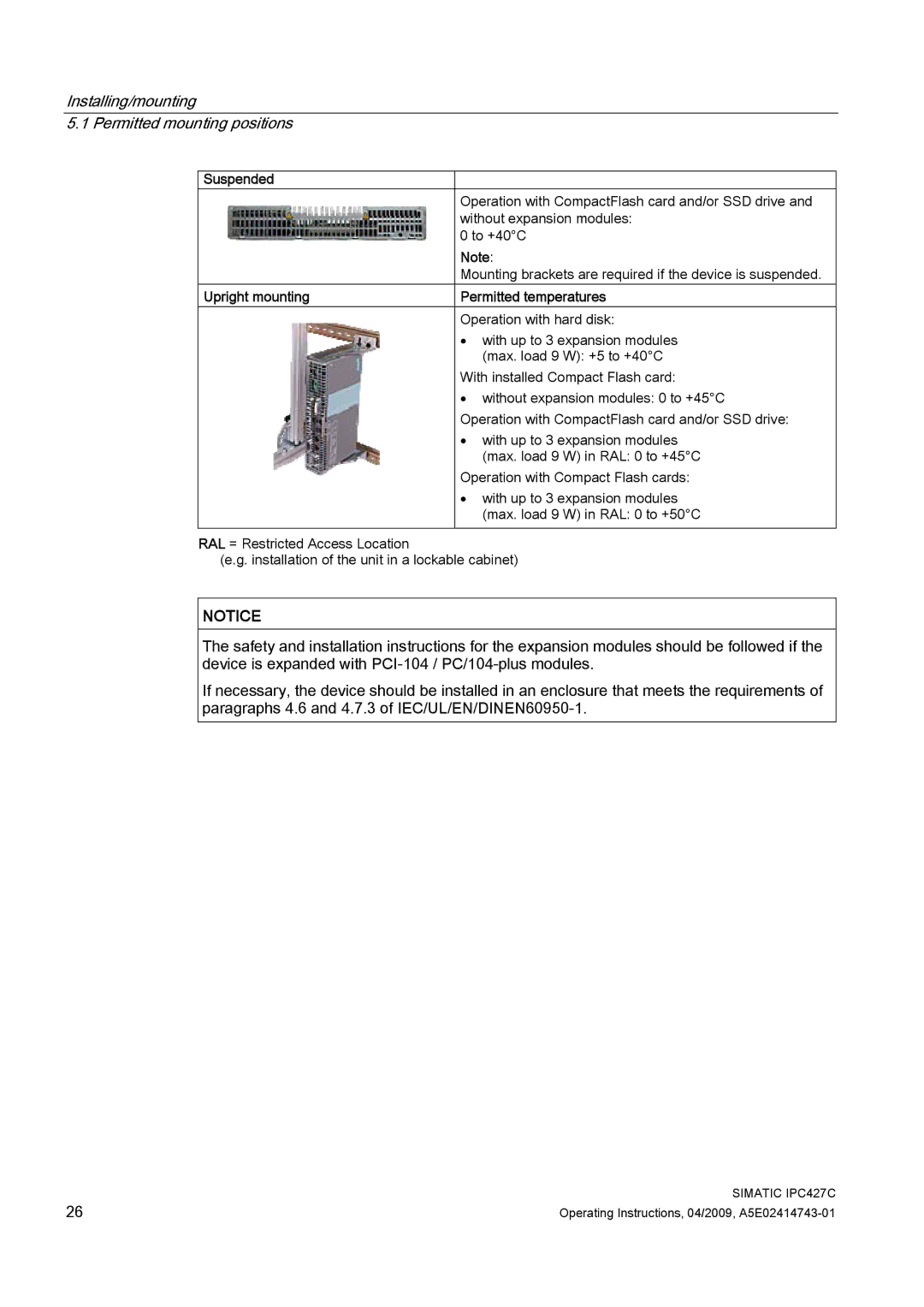 Siemens IPC427C manual Suspended, Upright mounting Permitted temperatures 