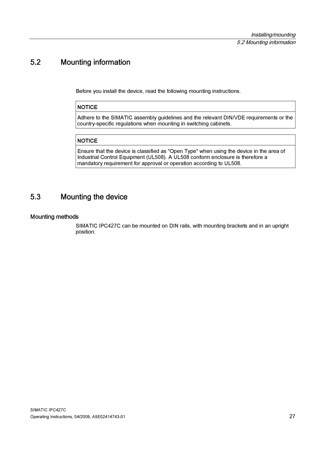 Siemens IPC427C manual Mounting information, Mounting the device, Mounting methods 