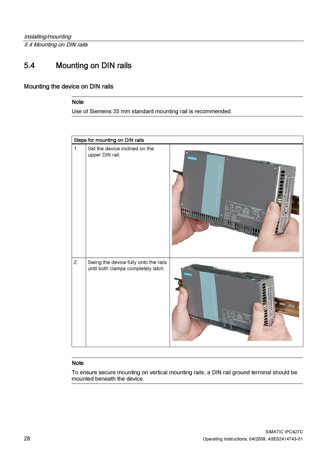 Siemens IPC427C manual Mounting on DIN rails, Mounting the device on DIN rails, Steps for mounting on DIN rails 