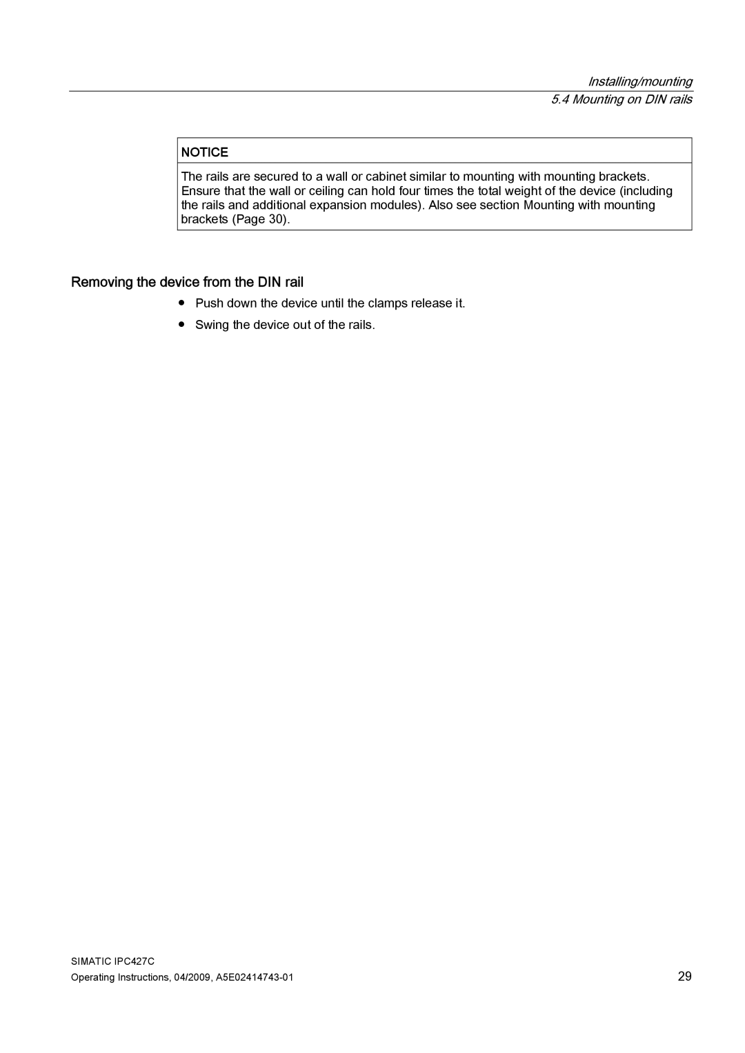 Siemens IPC427C manual Removing the device from the DIN rail, Installing/mounting 5.4 Mounting on DIN rails 
