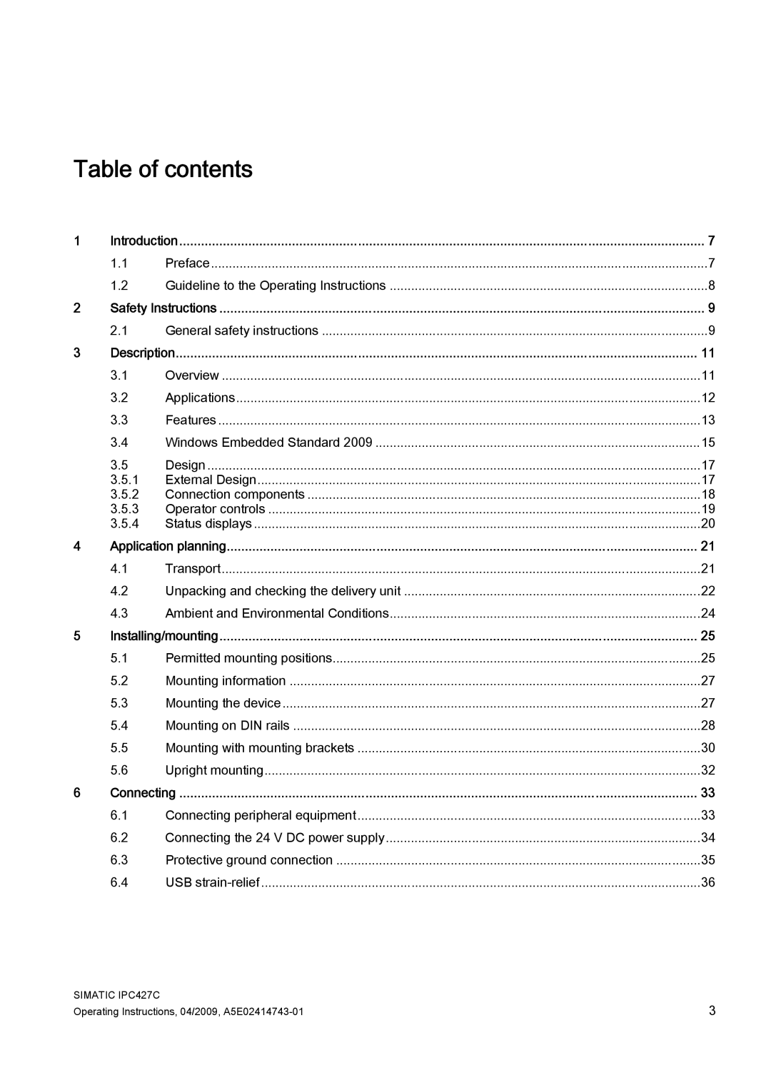 Siemens IPC427C manual Table of contents 