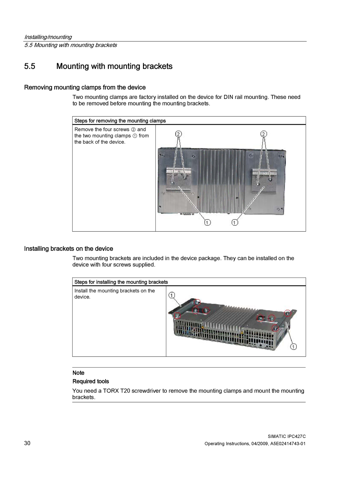 Siemens IPC427C manual Mounting with mounting brackets, Removing mounting clamps from the device 