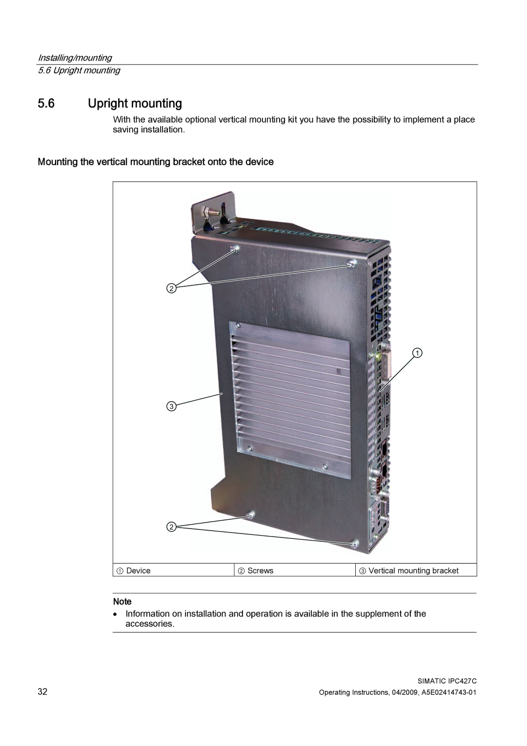 Siemens IPC427C manual Upright mounting, Mounting the vertical mounting bracket onto the device 