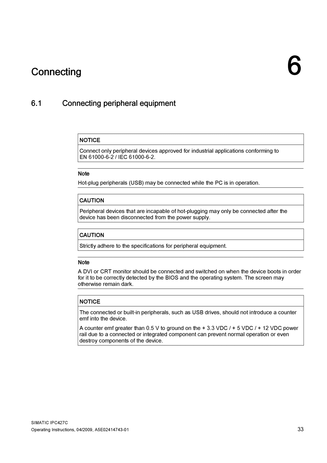 Siemens IPC427C manual Connecting peripheral equipment 