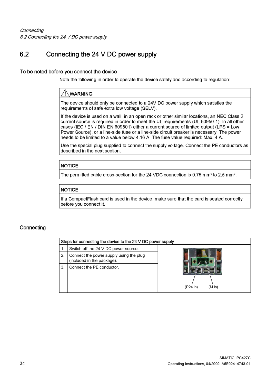 Siemens IPC427C manual Connecting the 24 V DC power supply, To be noted before you connect the device 