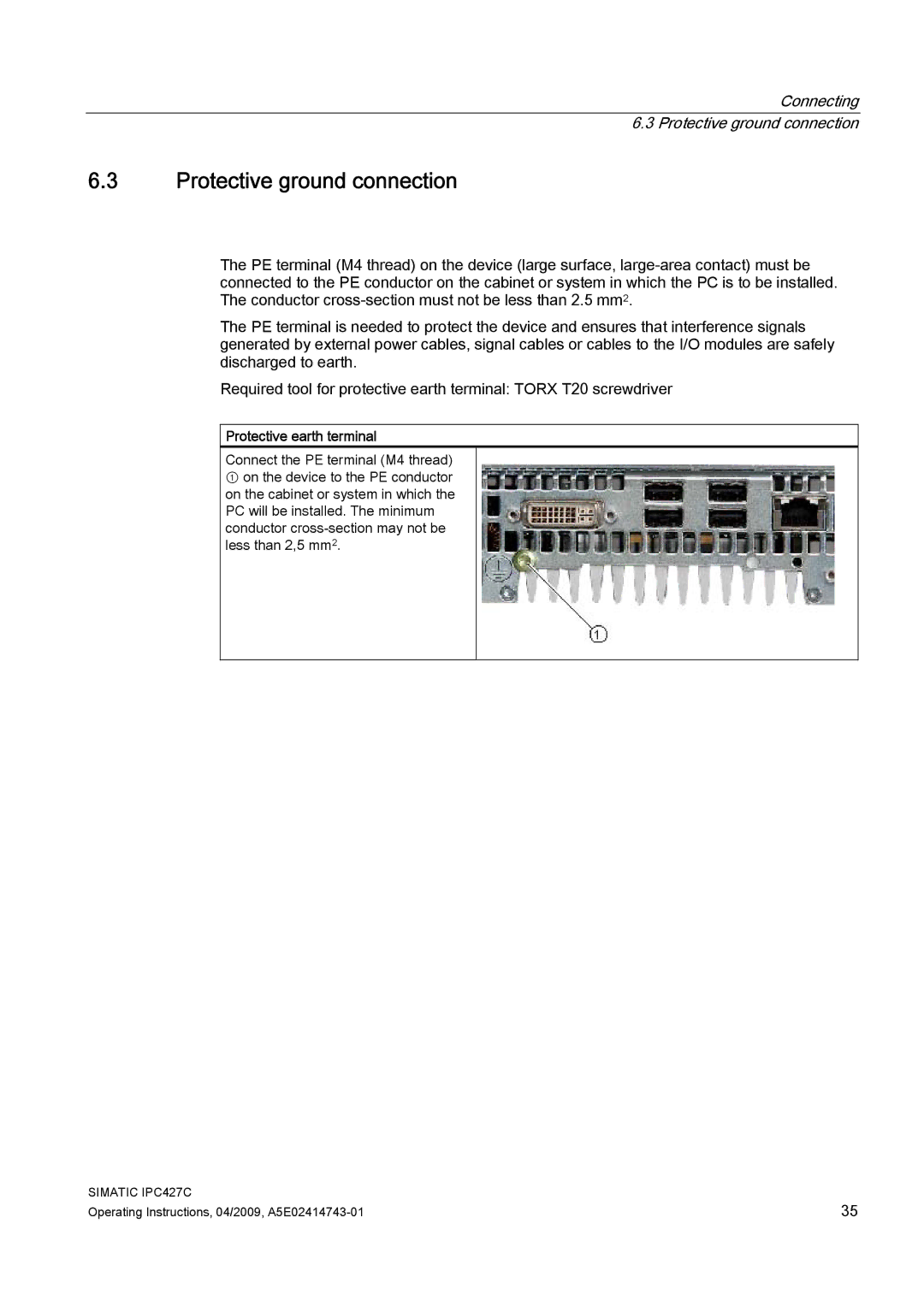 Siemens IPC427C manual Protective ground connection, Protective earth terminal 