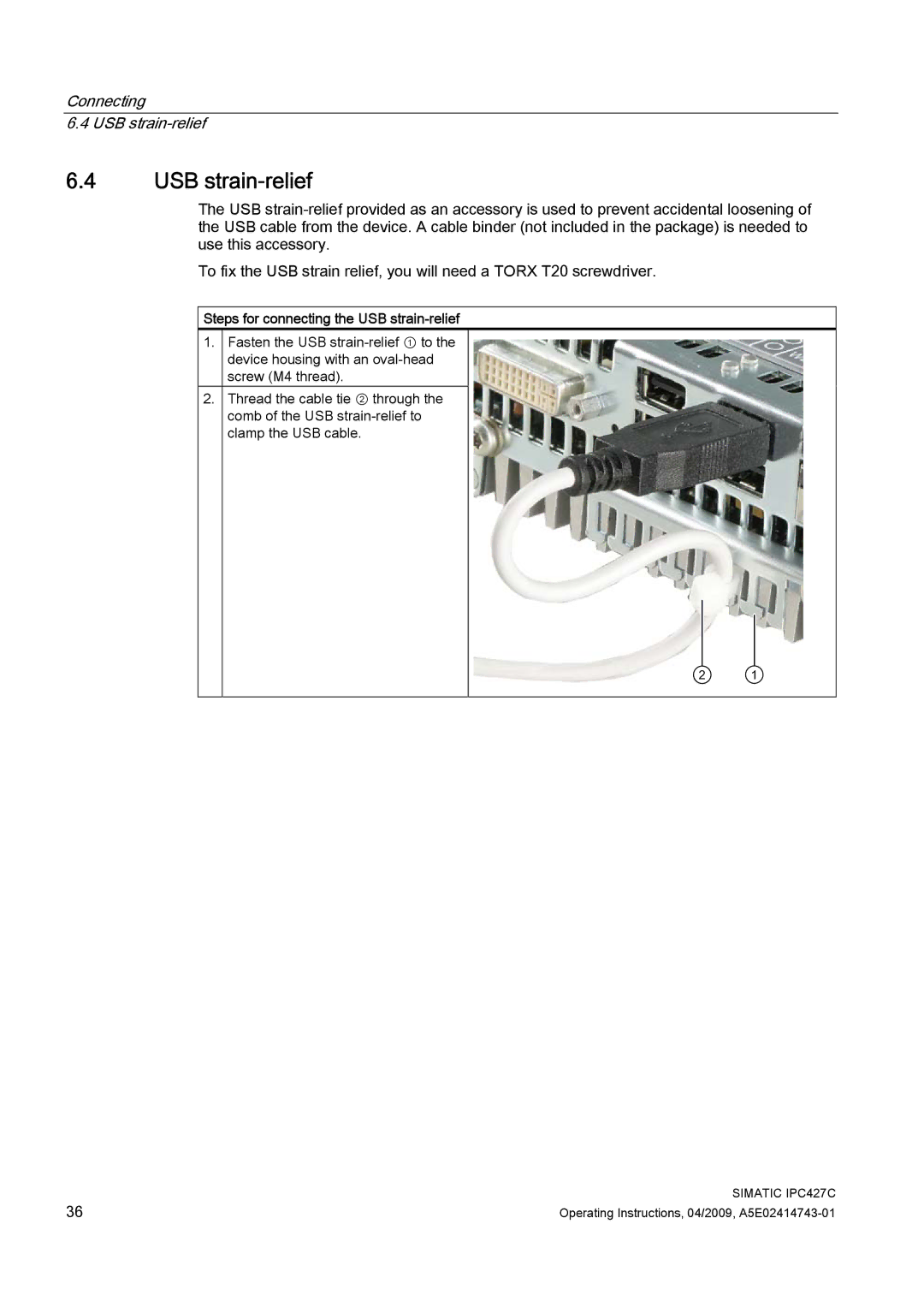 Siemens IPC427C manual Steps for connecting the USB strain-relief 