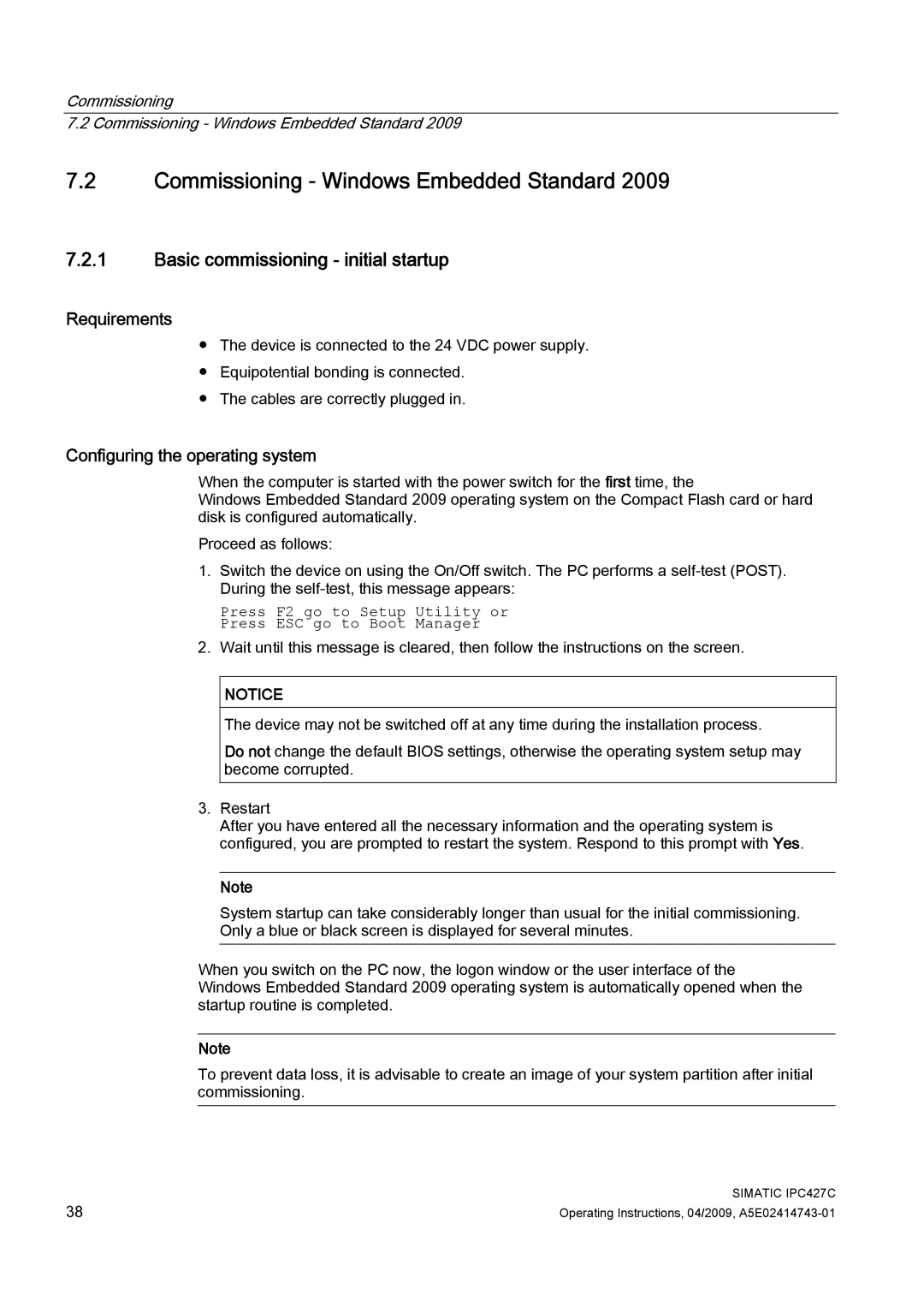 Siemens IPC427C manual Commissioning Windows Embedded Standard, Basic commissioning initial startup, Requirements 