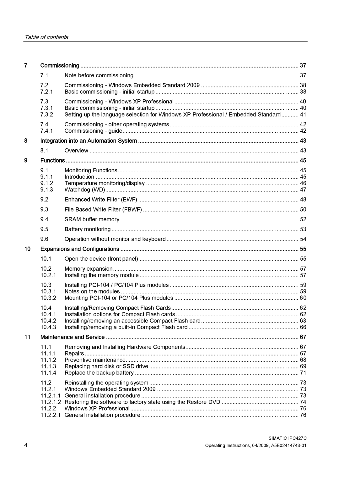 Siemens IPC427C manual Table of contents 