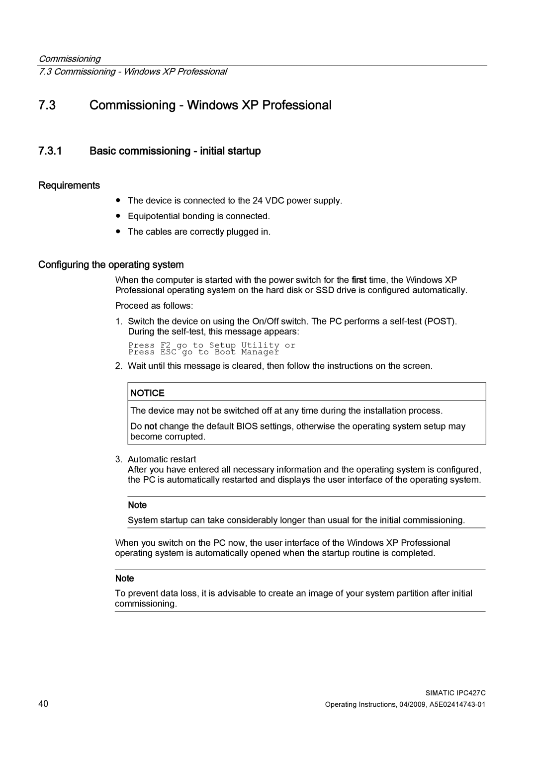 Siemens IPC427C manual Commissioning Windows XP Professional 