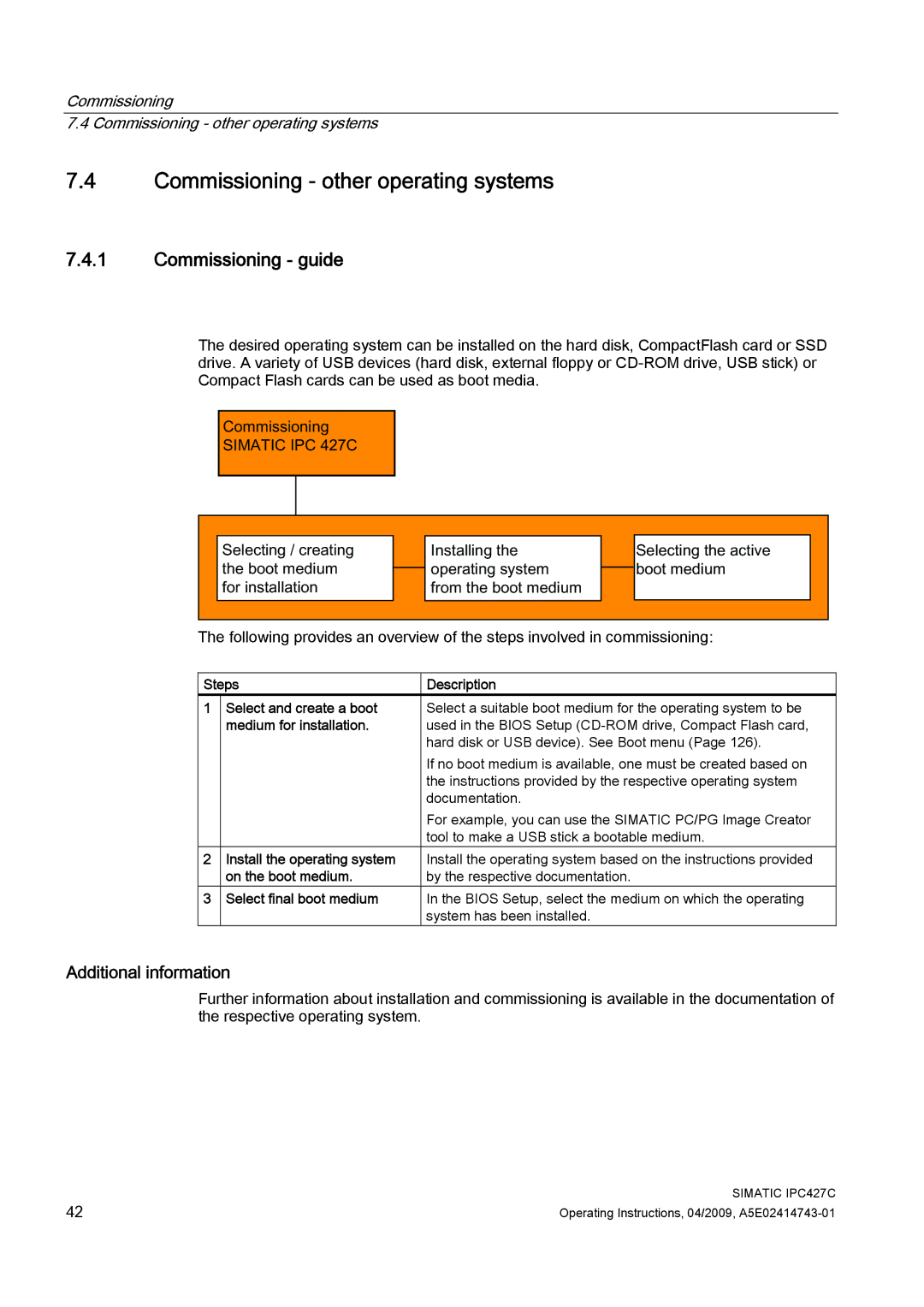 Siemens IPC427C manual Commissioning other operating systems, Commissioning guide, Additional information 