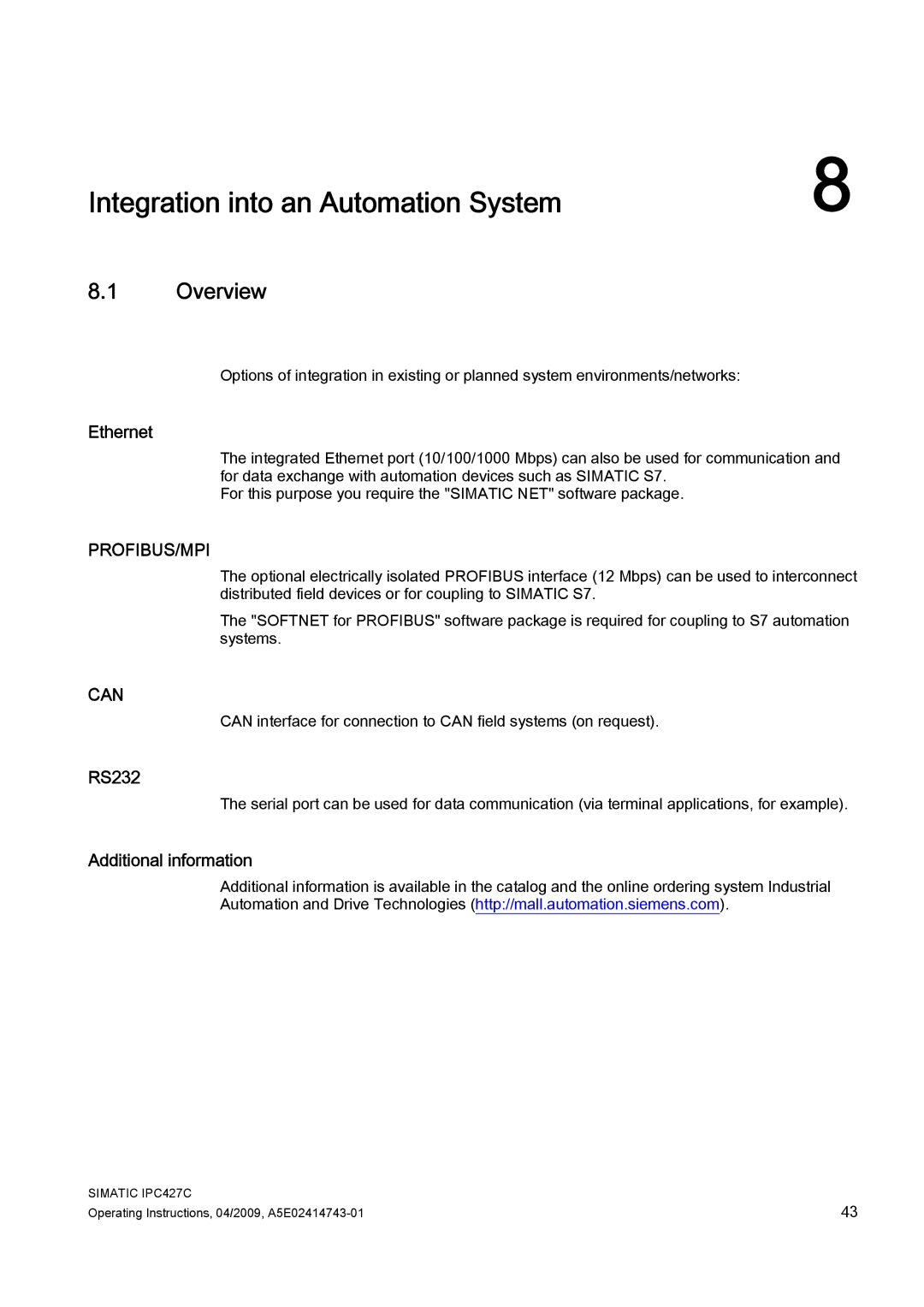 Siemens IPC427C manual Integration into an Automation System, Ethernet, RS232 