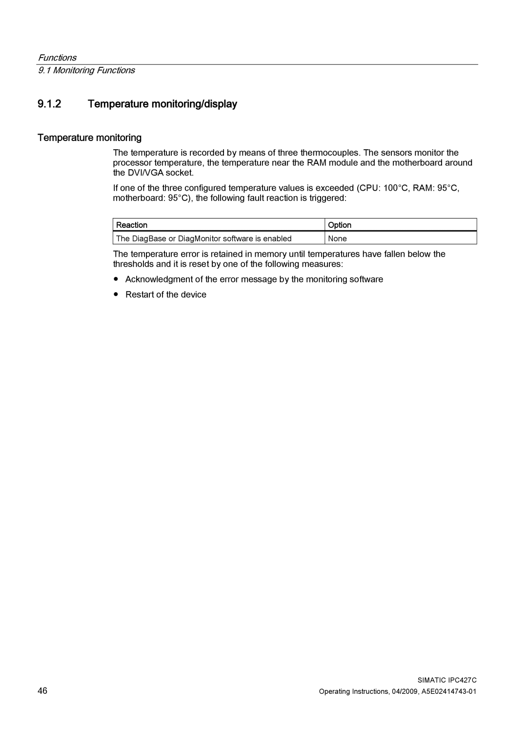 Siemens IPC427C manual Temperature monitoring/display 