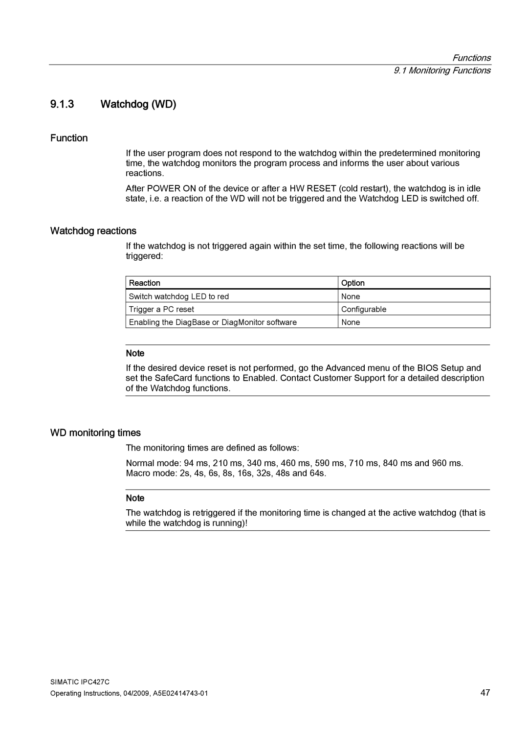Siemens IPC427C manual Watchdog WD, Function, Watchdog reactions, WD monitoring times, Reaction Option 