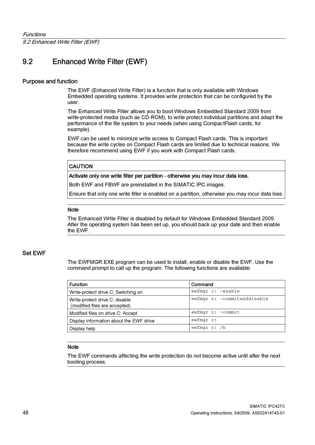 Siemens IPC427C manual Enhanced Write Filter EWF, Purpose and function, Set EWF, Function Command 