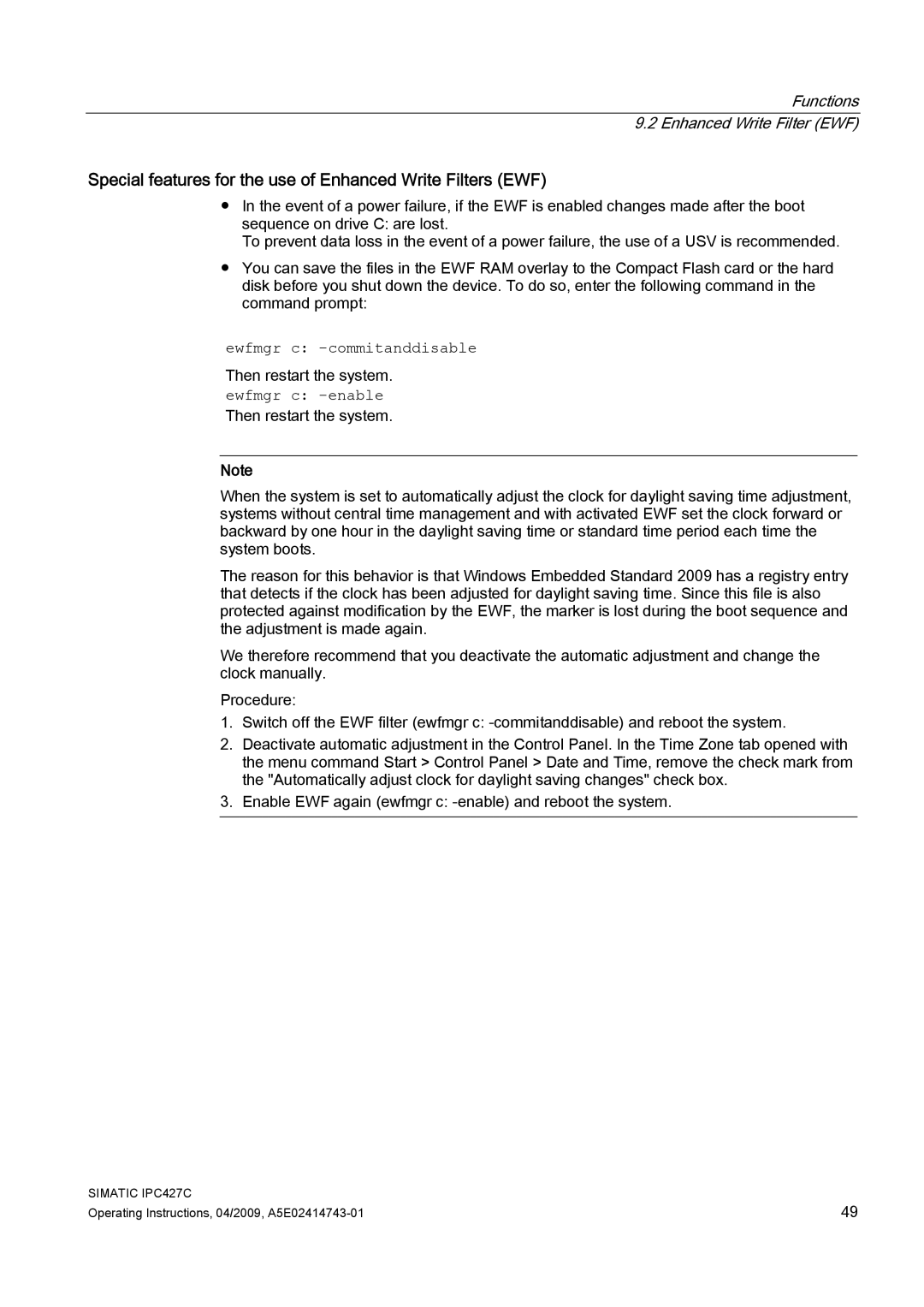 Siemens IPC427C manual Special features for the use of Enhanced Write Filters EWF, Ewfmgr c -enable 